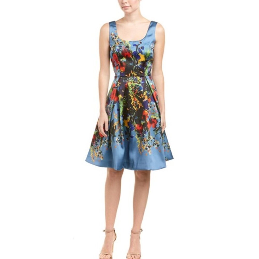 David Meister Blue Floral Fit Flare Sleeveless Scoop Neck Party Dress - Picture 1 of 11